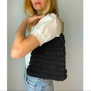 Vintage Black Crochet Knit Brass Ring Handbag